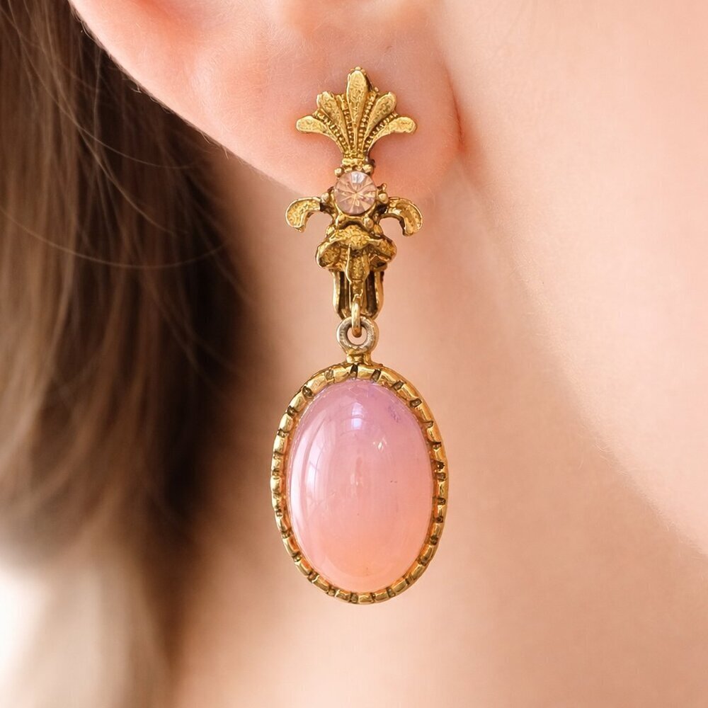 Vintage Pink Moonglow Cabochon Drop Clip Gold Tone Earrings Fleur de Lis
